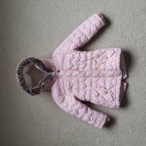 Pink Quilted Heart Jacket with Faux Fur Hood Pockets Soft Fleece Inner 2/3y 98cm